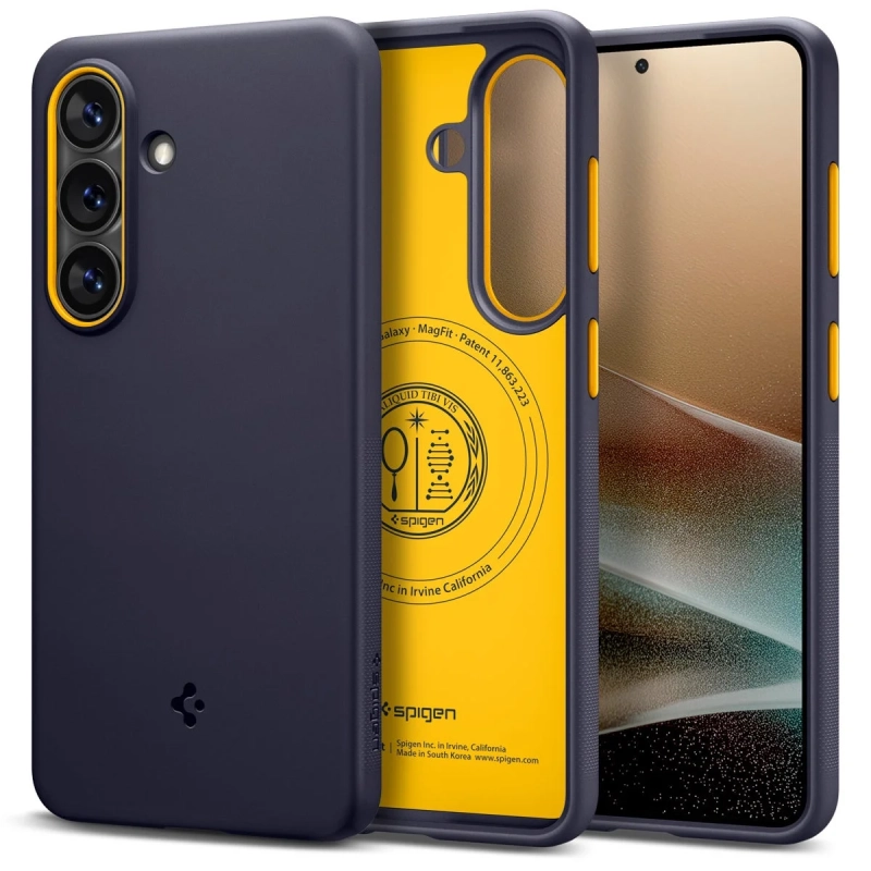 ツートンカラーのSpigen製スマホケースを装着したスマートフォン