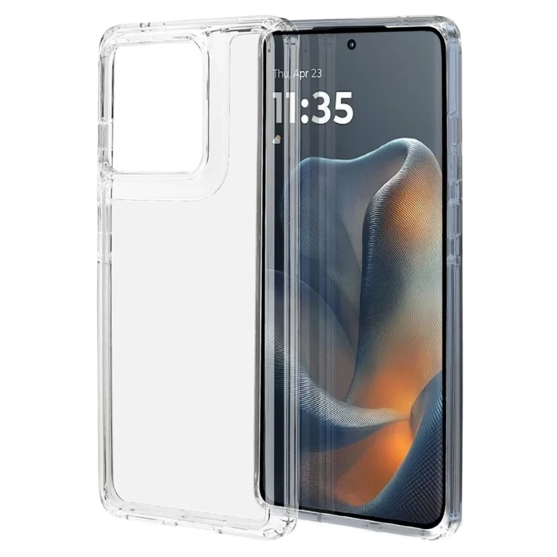 透明なスマートフォンケースと、画面に日付と時刻が表示されたスマートフォンの側面が並べて写されています