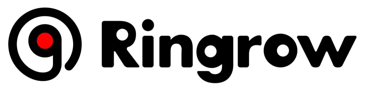 白背景に「Ringrow」という黒いテキストロゴが配置されています。ロゴの左側には、黒い同心円の中に赤い丸があるアイコンが特徴的です。シンプルでモダンなデザインです。