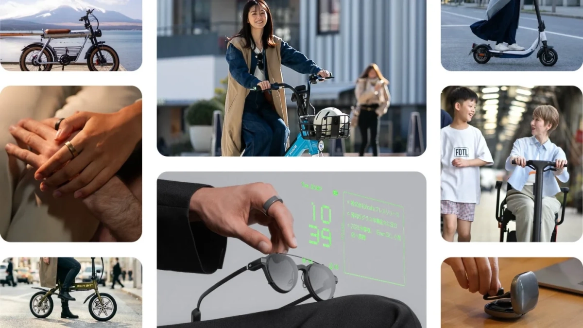 電動自転車、電動スクーター、スマートリング、スマートグラス、ワイヤレスイヤホンなど、様々な最新テクノロジー製品とそれらを楽しむ人々の姿を捉えたコラージュ画像