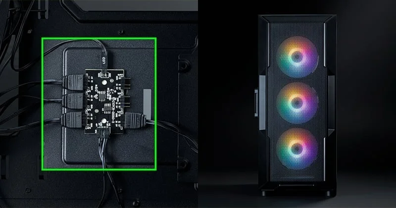 RGBファンを搭載したPCケースと、その内部に設置されたファンやLEDを制御するためのハブ
