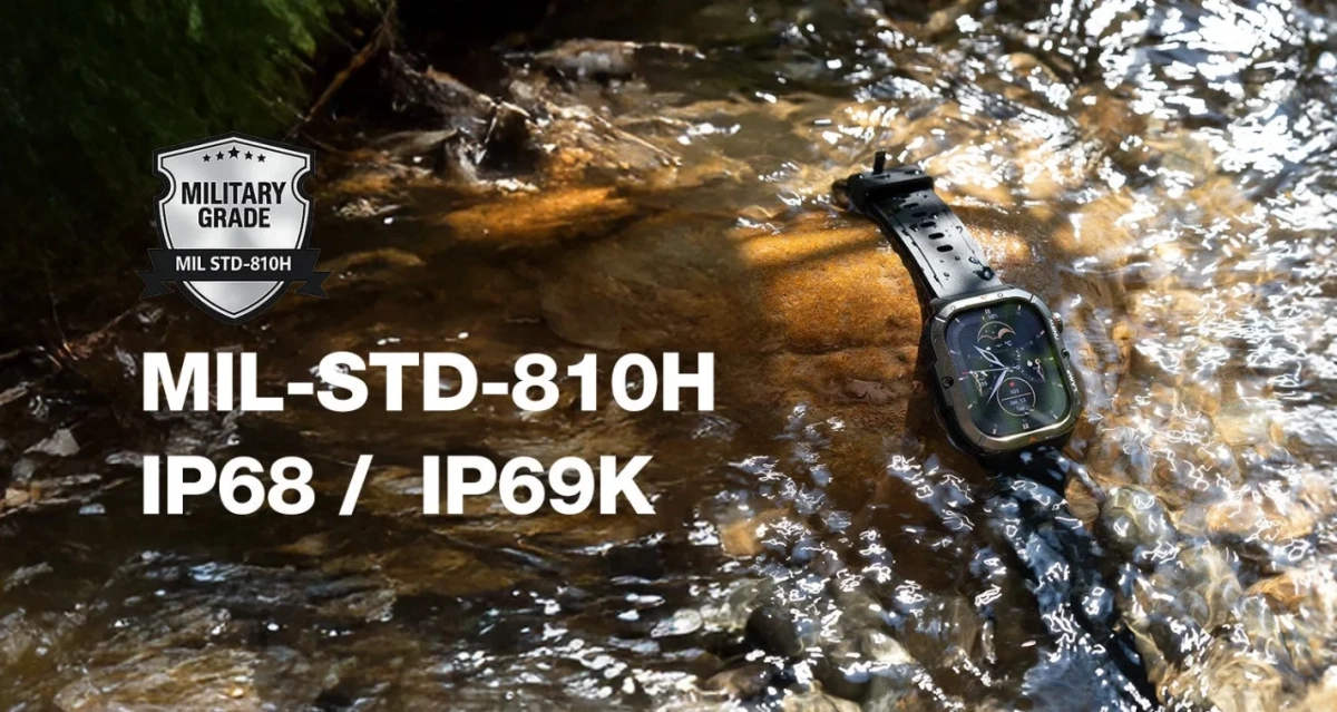 小川の中に置かれたスマートウォッチ