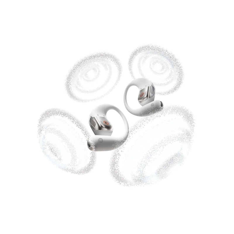 耳掛け式の白いワイヤレスイヤホン