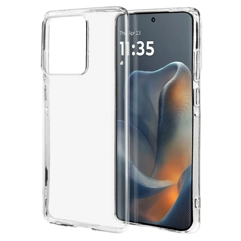 透明なスマートフォンケースが、画面に日付と時刻が表示されたスマートフォンと並べて配置されている様子