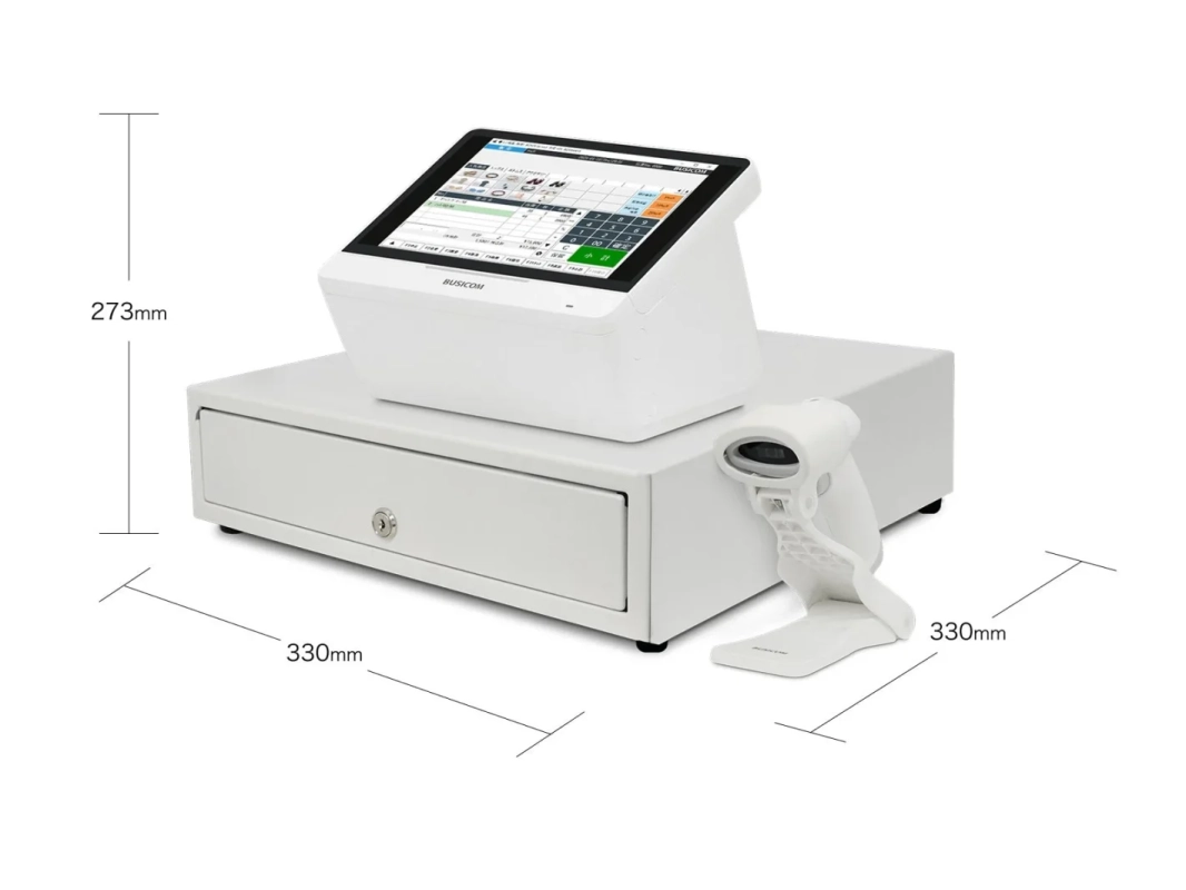 POSシステム, レジ, レジスター, タッチパネル, キャッシュドロワー, バーコードリーダー, 店舗機器, 小売, 決済システム, BUSICOM, 白, 寸法