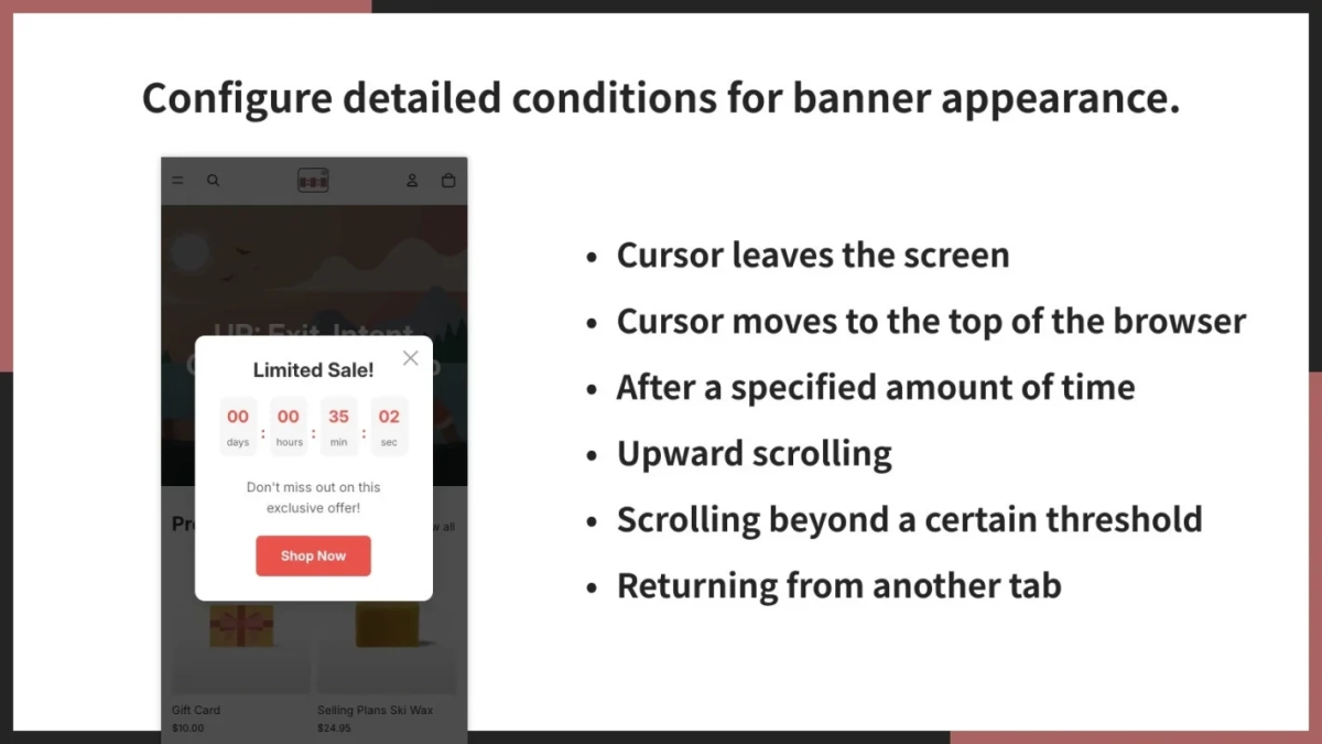 バナー表示条件設定画面とポップアップ例