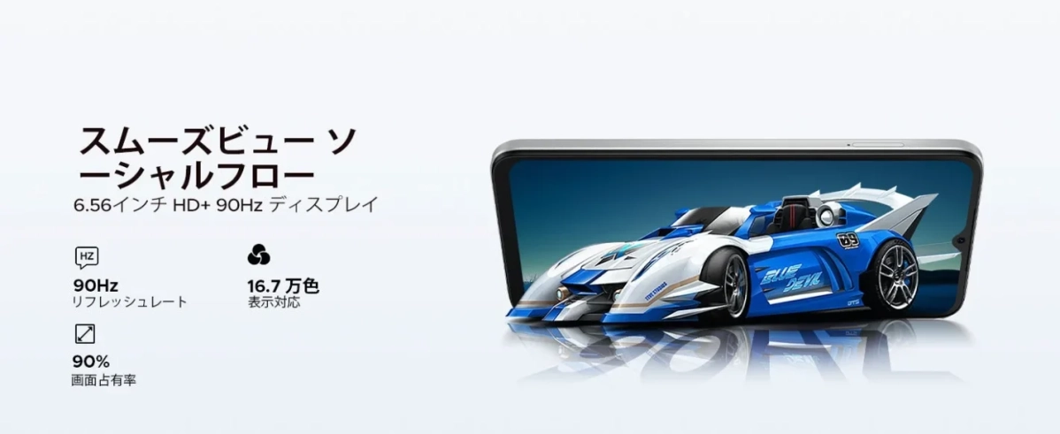 6.56インチ HD+ 90Hz ディスプレイ