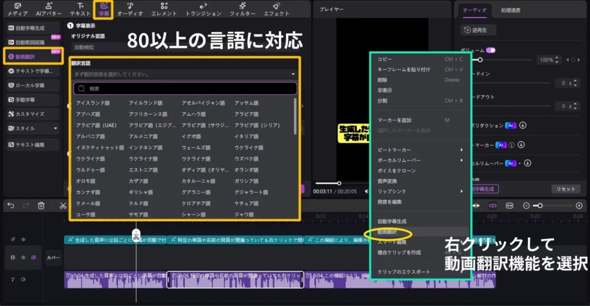 動画編集ソフトウェアの画面で、新機能の「動画翻訳」