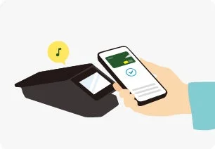 スマートフォンを決済端末にかざし、キャッシュレス決済を行っている様子です。スマホ画面には完了を示すチェックマークが表示されており、現代の便利な支払い方法を示唆しています。