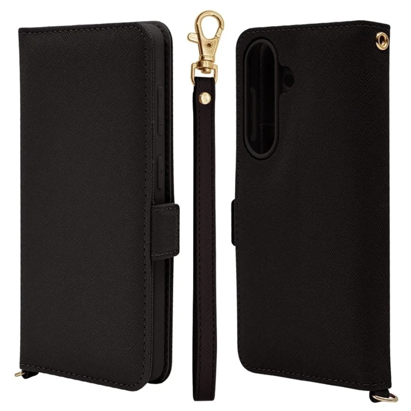 黒色の手帳型スマートフォンケースとリストストラップのセット