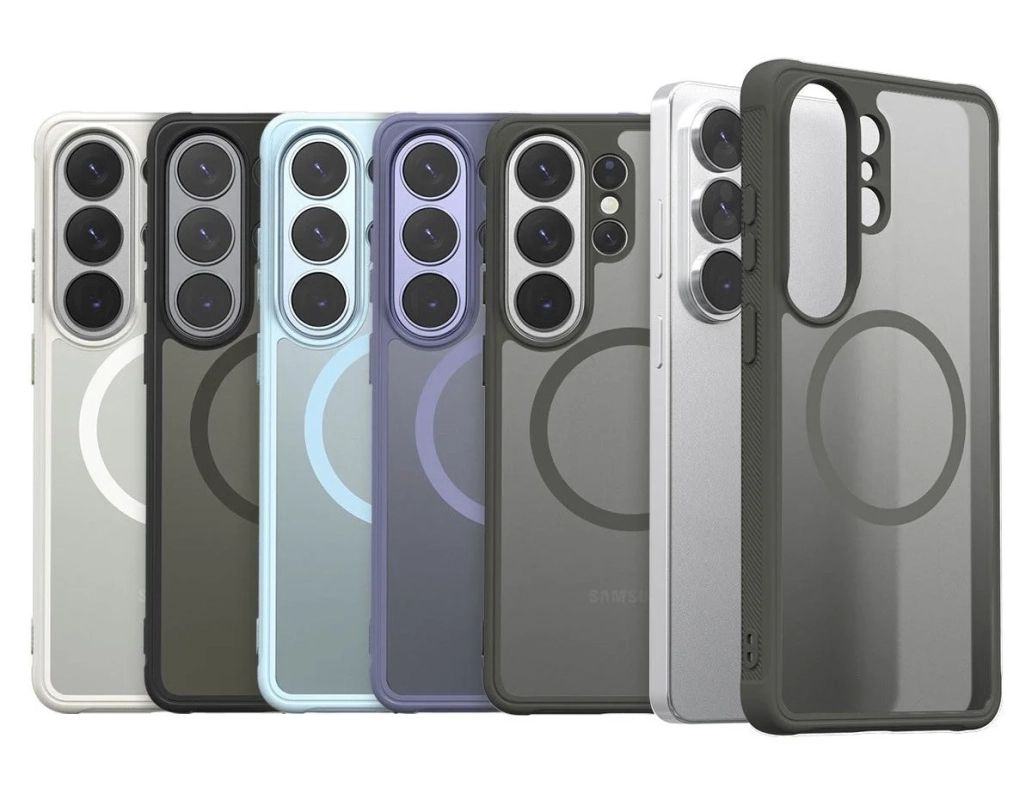 複数のスマートフォン用クリアケースが様々な色で並べられています。背面にはMagSafe対応の磁気リングがあり、カメラ部分も開口部から確認できます。