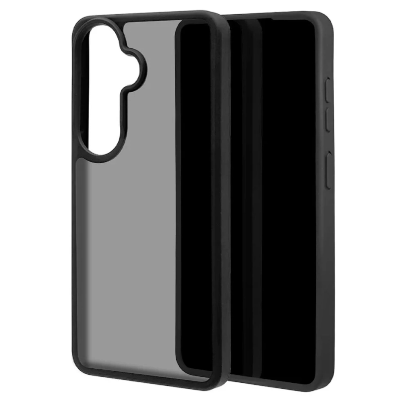 黒いスマートフォンケースが写っています。背面は半透明のスモークグレー