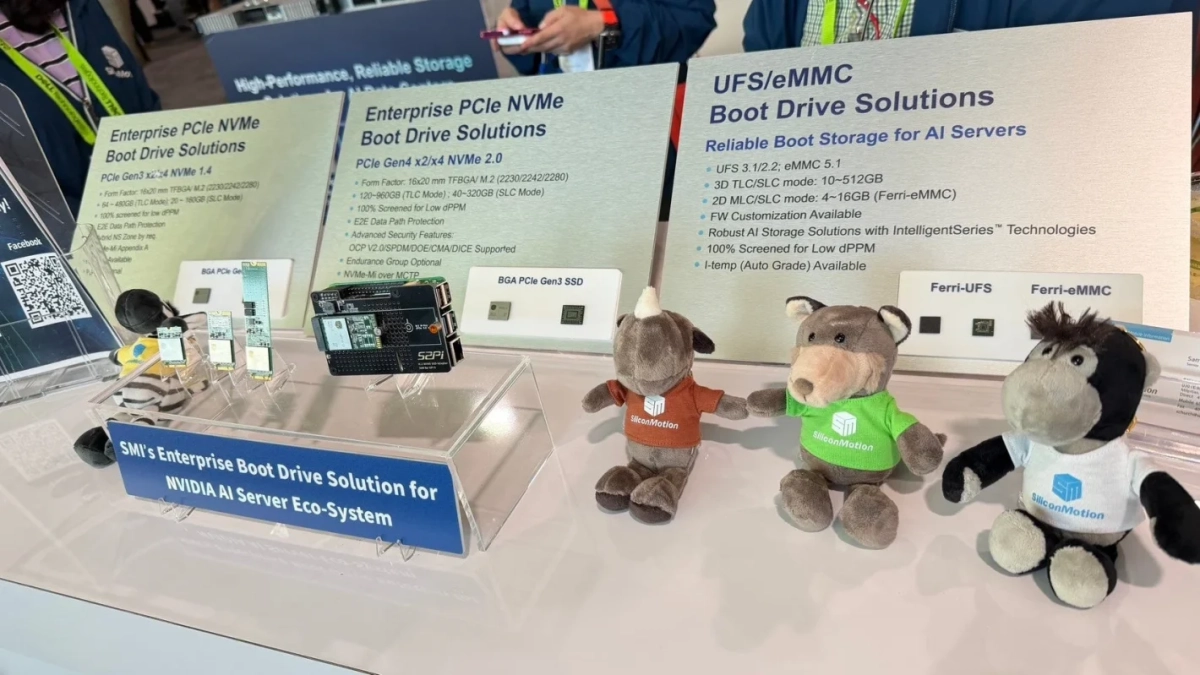 SiliconMotionがNVIDIA AIサーバー向けに提供する、PCIe NVMeおよびUFS/eMMCブートドライブソリューションの展示