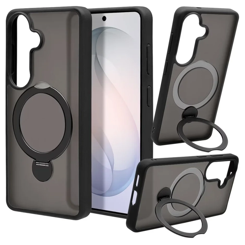 黒色のスマートフォンケースが、リングスタンド機能とマグネット対応の特徴を強調