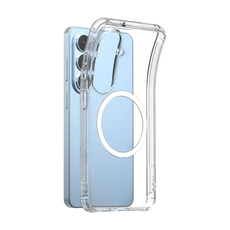 淡いブルーのスマートフォンに透明なMagSafe対応クリアケースが装着されている様子を写した画像です。