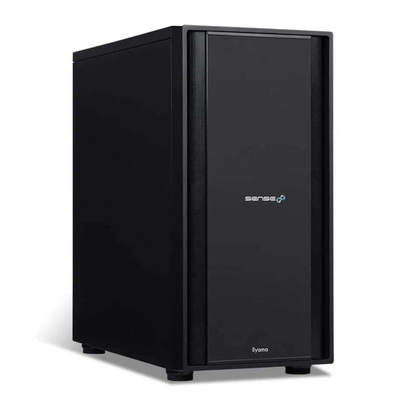 白い背景に置かれた黒いデスクトップPCケースの画像です。