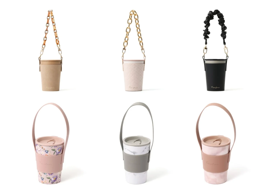 白い背景に、様々なデザインのタンブラーホルダーが6種類並べられている