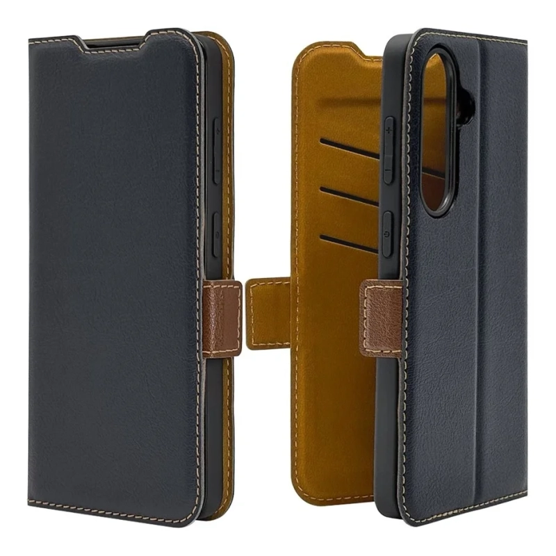 ダークブルーのレザー調手帳型スマートフォンケースです。内側はマスタードイエロー