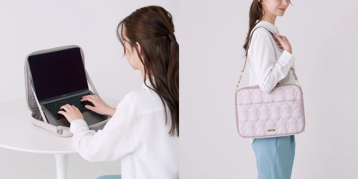 ノートパソコンをケースに入れて作業する女性と、キルティング加工されたPCショルダーバッグを持つ女性