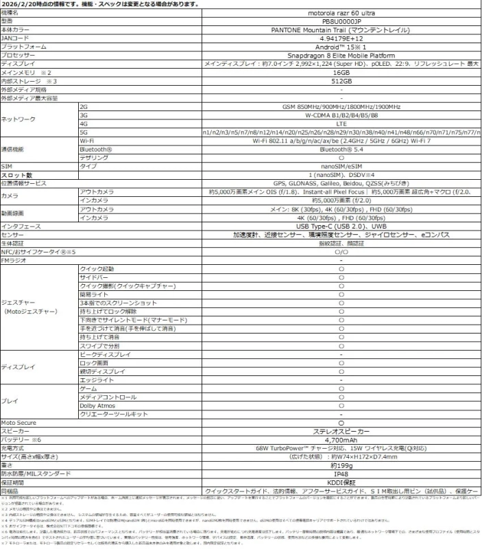 motorola razr 60 ultra PANTONE Mountain Trail 製品仕様