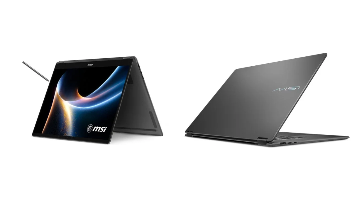 MSI製のダークグレーのコンバーチブルノートパソコンとスタイラスペン