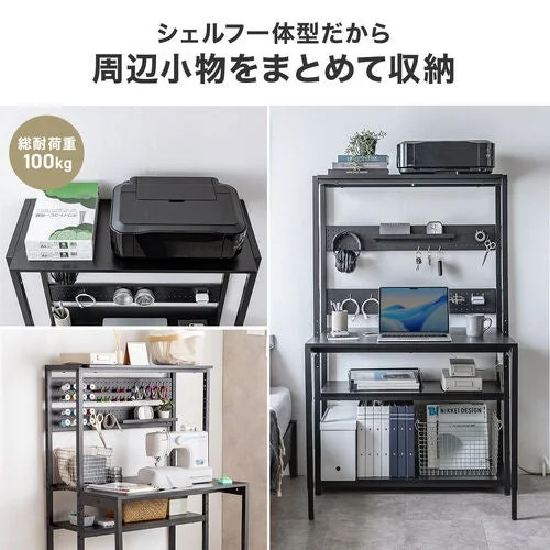 シェルフ一体型の多機能な黒いデスクユニットの活用例