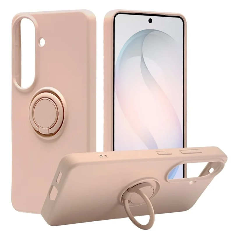 ピンク色のスマートフォンケースが複数の角度から提示されており、背面にリングホルダーが一体化しています