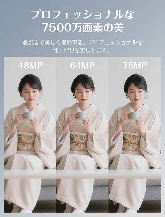 高画質なカメラの性能比較広告で、着物姿の女性のポートレートを異なる画素数で撮影した画像が並べられています。7500万画素の美しさを強調し、プロフェッショナルな仕上がりをアピールしています。
