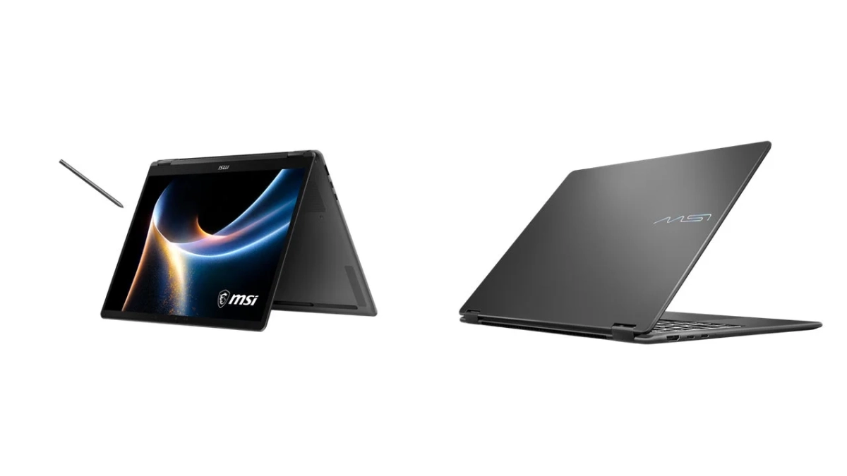 MSIの2-in-1ノートパソコンが2つのアングルで写っています