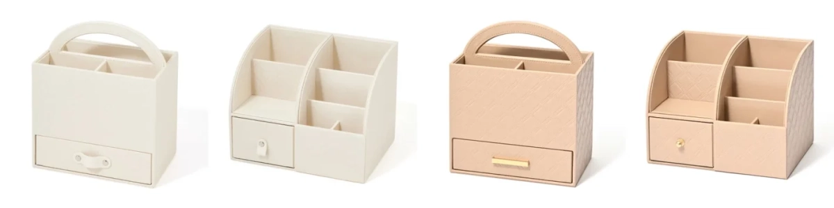 白とベージュの2色展開のデスクオーガナイザーが4つ並んでいる