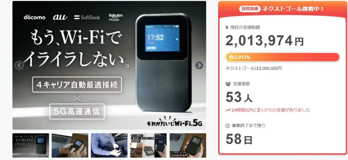 docomo au SoftBank Rakuten Mobile もう、Wi-Fiでイライラしない。 4キャリア自動最適接続 5G高速通信 それがだいいWi-Fi.5G 目標突破 ネクストゴール挑戦中！ 現在の支援総額 2,013,974円 2,013% ネクストゴールは2,000,000円 支援者数 53人 24時間以内に3人からの支援がありました 募集終了まで残り 58日 17:52 MR5G