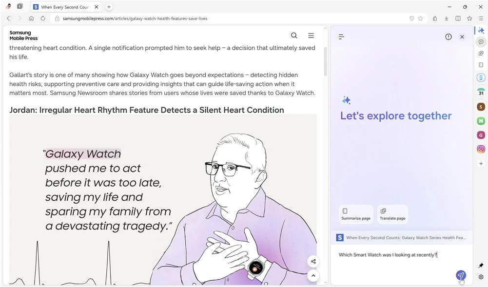 サムスンモバイルプレスの記事が表示されたウェブページで、Galaxy Watchの不規則な心拍リズム検出機能が命を救った事例を紹介しています。ユーザーの証言とともに、スマートウォッチが健康リスクを早期に発見し、悲劇を防いだことが強調されています。ページにはAIアシスタントのサイドバーも表示されています。