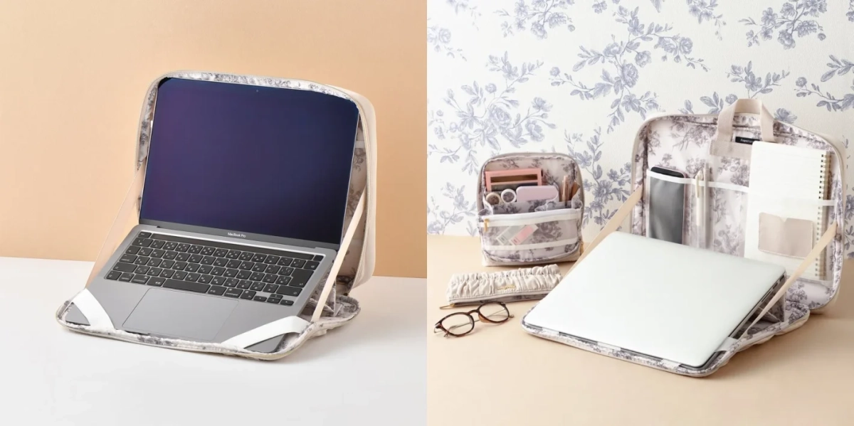花柄のノートPCケースがスタンドとして使われている様子