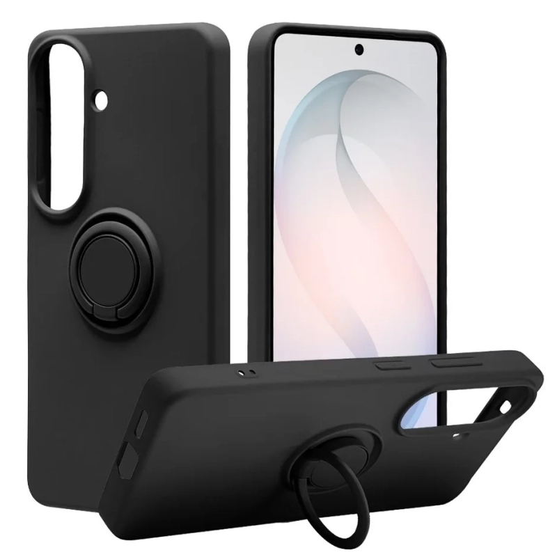 黒いスマートフォンケースが、リングホルダー兼スタンド機能付きで複数の角度から展示されています