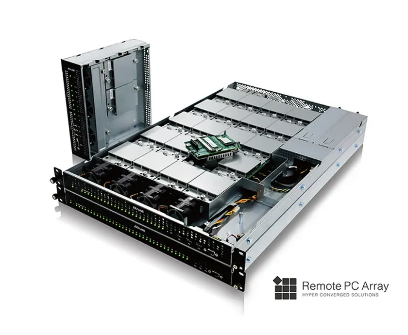 ブレードサーバーのような複数のPCモジュールが収容されたラックマウント型サーバーシステムが写っています。一部のモジュールは取り外され、内部の電子部品や構造が見えています。右下には「Remote PC Array HYPER CONVERGED SOLUTIONS」のロゴがあり、ITインフラやデータセンター向けのソリューションを示唆しています。