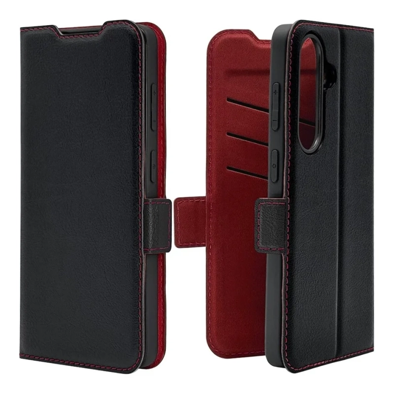 黒色の手帳型スマートフォンケースの画像です。赤いステッチと内側の赤色が特徴