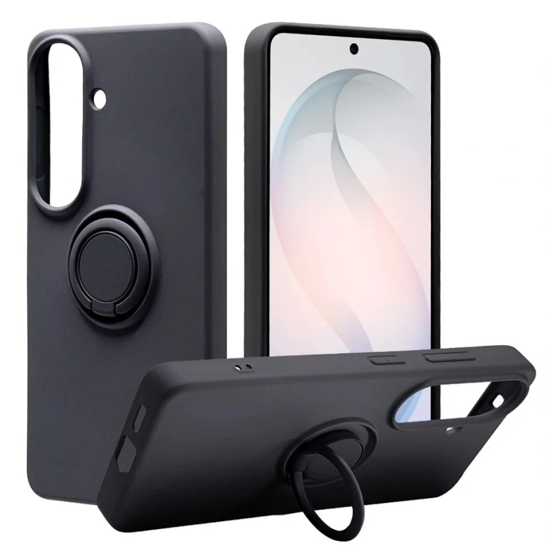 黒いスマートフォンケースが、リングホルダーとスタンド機能をアピールするように様々な角度から展示されています