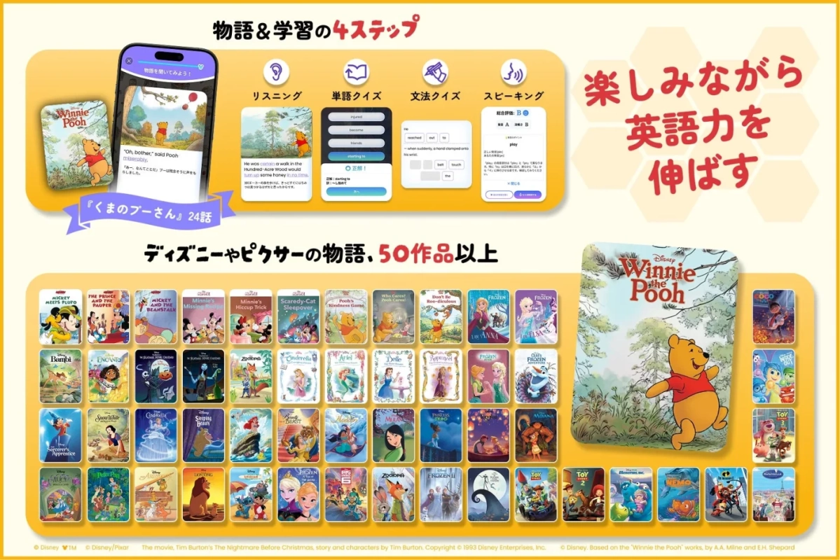 ディズニーやピクサーの50作品以上の物語を使って、楽しみながら英語力を伸ばす学習アプリの紹介です。リスニング、単語クイズ、文法クイズ、スピーキングの4ステップで構成されており、「くまのプーさん」など人気キャラクターの物語で効果的に学習できます。