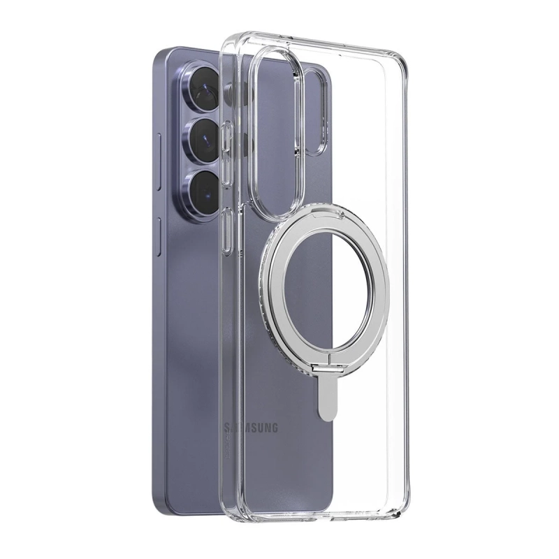 Samsung製スマートフォンに装着された、背面部にマグネット式リングスタンドが付いた透明な保護ケースの画像です。