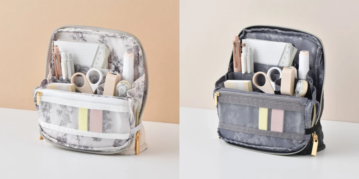 花柄の内布がおしゃれな、自立型ペンケースの2色展開