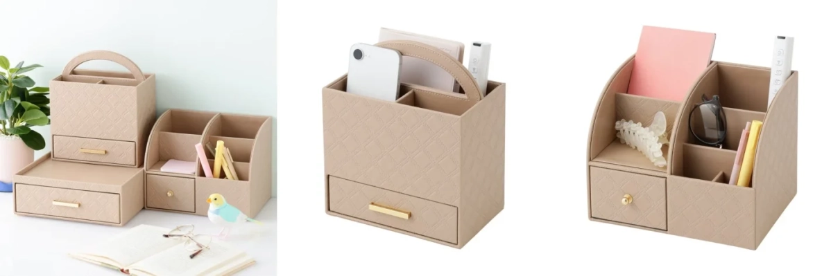 キルティング加工が施された上品なベージュ色のデスクオーガナイザーセット