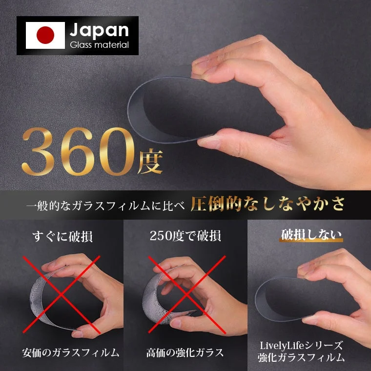 LivelyLifeシリーズの強化ガラスフィルムの柔軟性と耐久性をアピールする画像