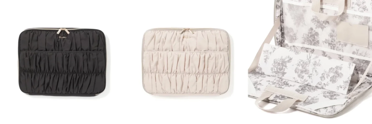 黒とベージュの2色のギャザーデザインのポーチ