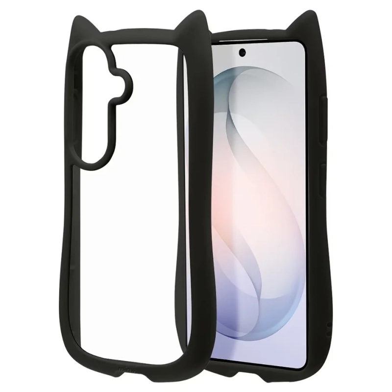 猫の耳のようなデザインが特徴的な黒色のスマートフォンケース