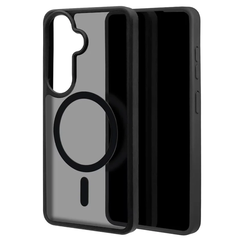 透明感のあるグレーのMagSafe対応スマートフォンケースと、黒いシンプルな背面ケースが並べられています