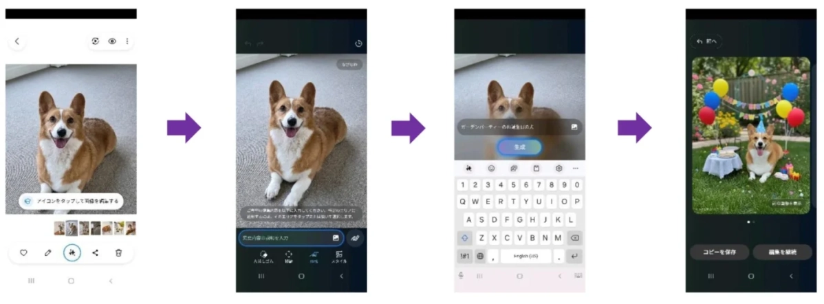 スマートフォンアプリの画像編集機能を使って、コーギーの写真をAIで加工する手順を示しています。元の犬の画像に「ガーデンパーティーのお誕生日の犬」というプロンプトを入力することで、誕生日パーティーの装飾が施された庭にいるコーギーの画像が生成される様子が分かります。