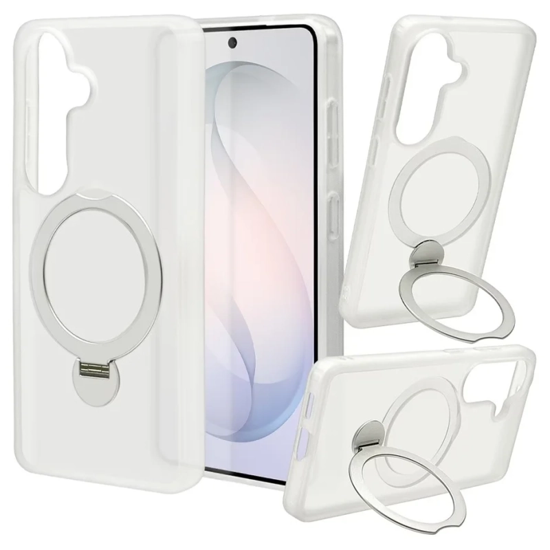 透明なスマートフォンケースが、リングスタンド付きの状態で様々な角度から提示されています