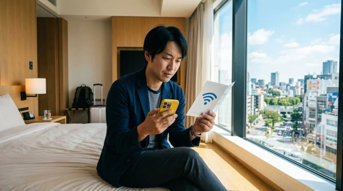 男性がホテルの客室でスマートフォンとWi-Fiのマークが描かれた紙を見ている