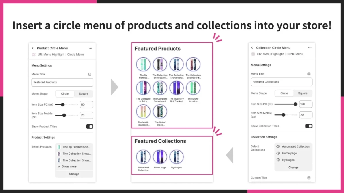 商品・コレクション用のサークルメニューを作成できる