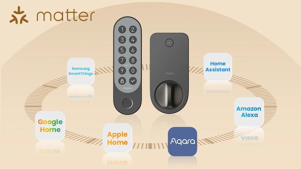 Matterプロトコルに対応したAqara製スマートロックと、Samsung SmartThings、Google Home、Apple Home、Amazon Alexa、Home Assistantといった主要スマートホームプラットフォームとの互換性を示す画像です。